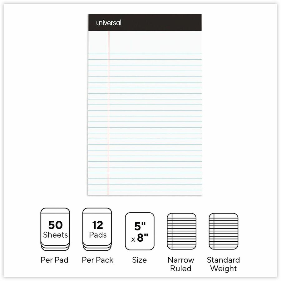 Universal Notepad, 1 Subject, Tape Bound, Narrow Ruled Margin, 5" x 8", White Paper, Chipboard Cover, 12 Pack