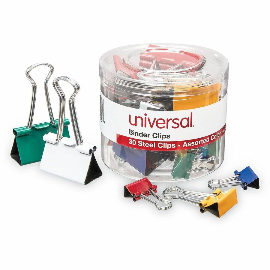 Universal Binder Clips, Assorted Sizes (0.25", 0.38", 0.63"), Multicolor (Blue, Green, Red, Gold, White), Metal/Steel Wire, 30 Pack
