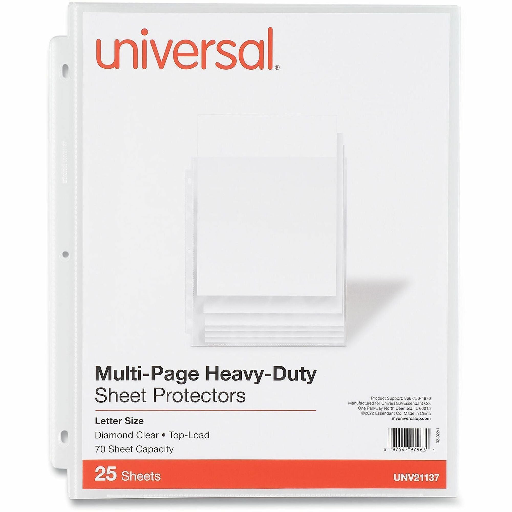 Universal Sheet Protector, Letter Size, 70-Sheet Capacity, 3-Hole Punched, Top Loading, Clear Polypropylene, 25 Pack