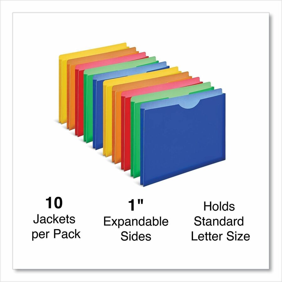 Universal Straight Tab Cut Letter File Jacket, 8 1/2" x 11", 1" Expansion, Plastic, Polypropylene, Assorted Colors, Unpunched, 10 Pack