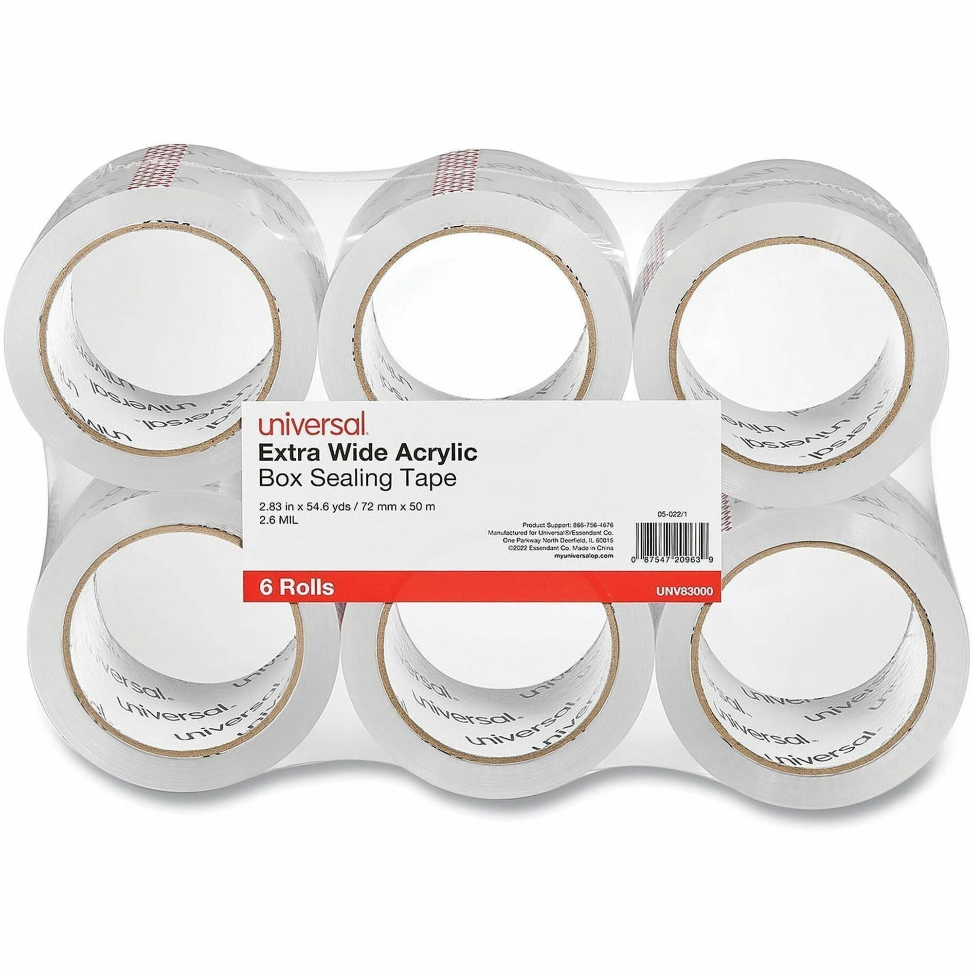 Universal Packaging Tape, Clear, Acrylic, 2.83" x 54.70 yd, 2.6 mil Thickness, 3" Core, 6 Pack