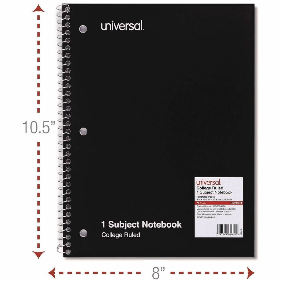 Universal Notebook, 1 Subject, 70 Sheets, College/Medium Ruled, 10.5" x 8", White Paper, Assorted Paperboard Cover, Spiral Bound, 4 Pack