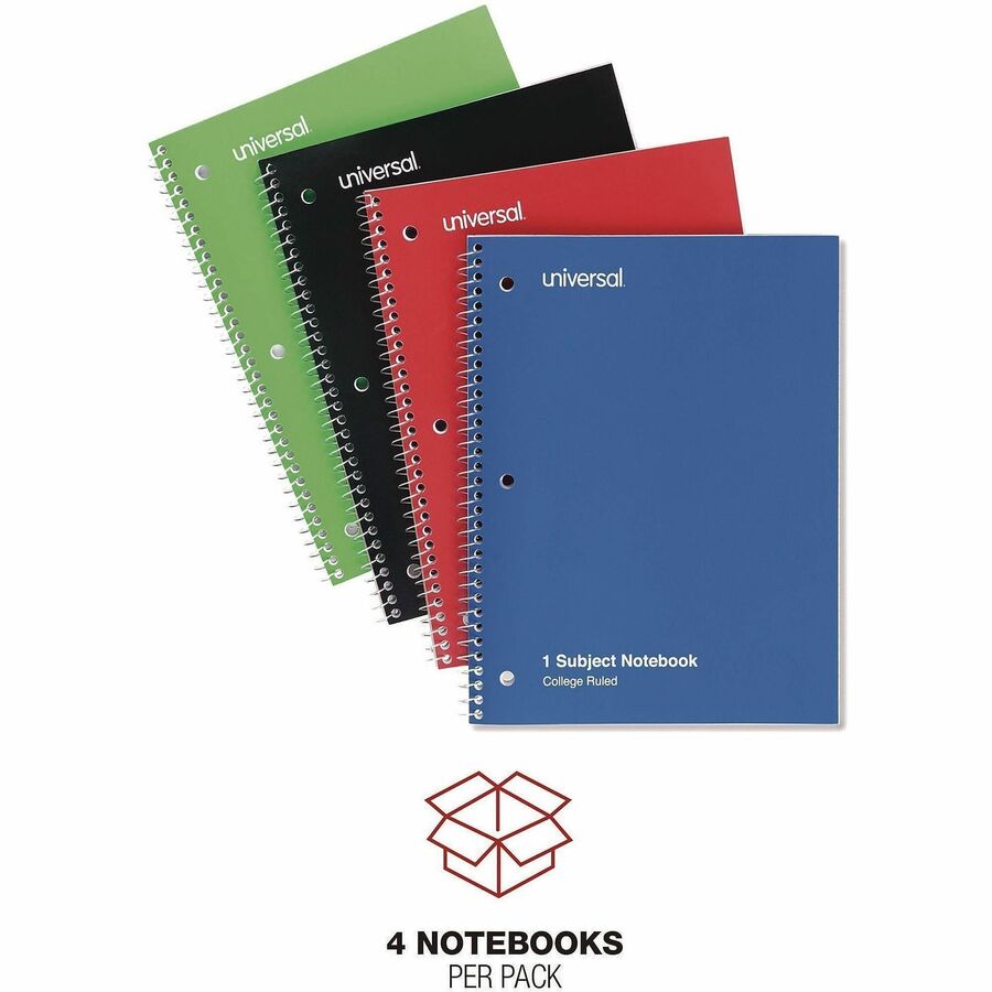 Universal Notebook, 1 Subject, 70 Sheets, College/Medium Ruled, 10.5" x 8", White Paper, Assorted Paperboard Cover, Spiral Bound, 4 Pack