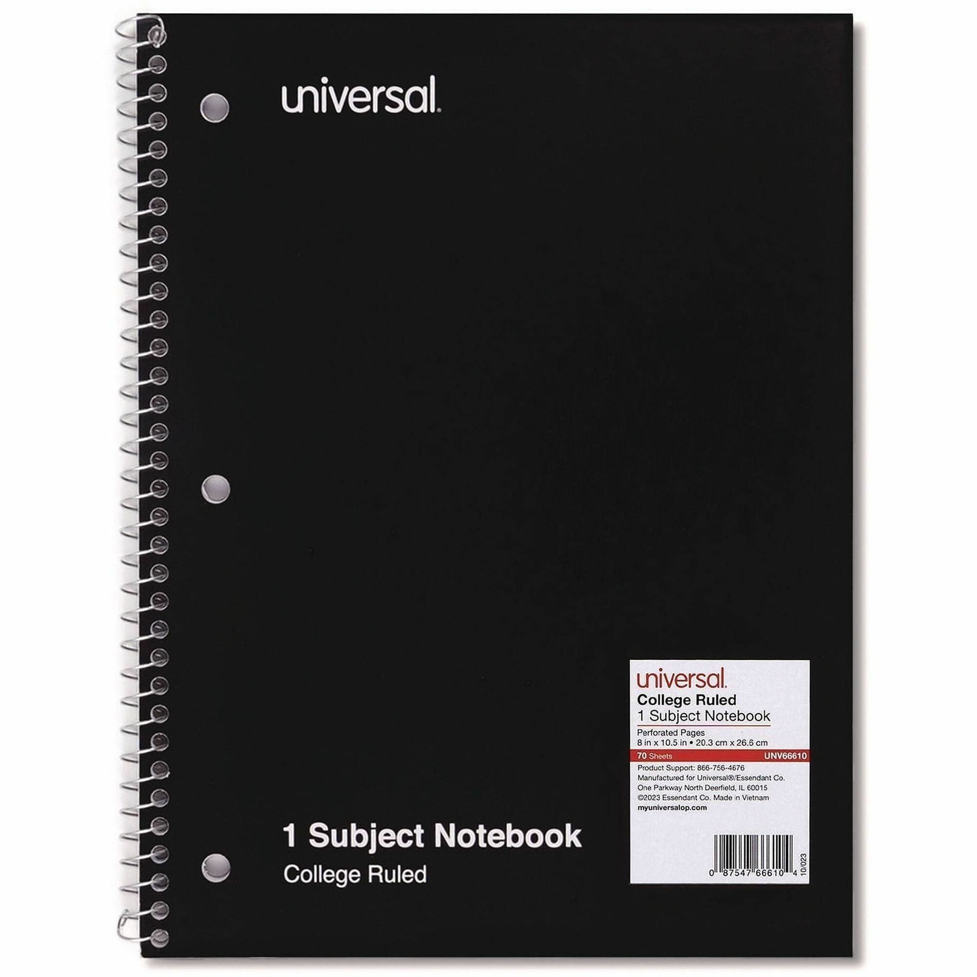 Universal Notebook, 1 Subject, Spiral, College Ruled, 3 Holes, 10.5" x 8", White Paper, Black Paperboard Cover