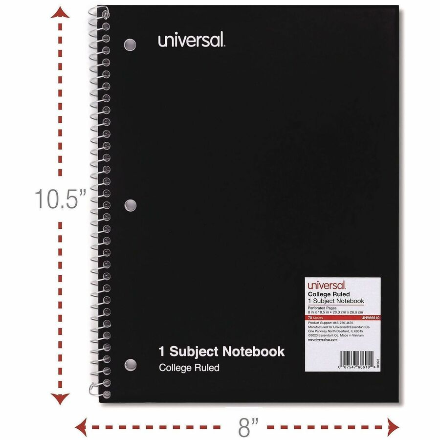 Universal Notebook, 1 Subject, Spiral, College Ruled, 3 Holes, 10.5" x 8", White Paper, Black Paperboard Cover