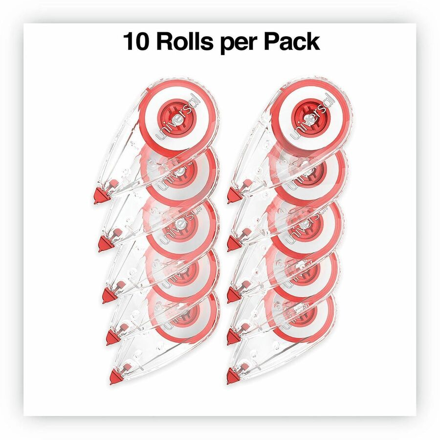 Universal Correction Tape, 0.25" x 22.92 ft, 1 Line, White Tape, Clear/Red Dispenser, Plastic/Film, 10 Pack