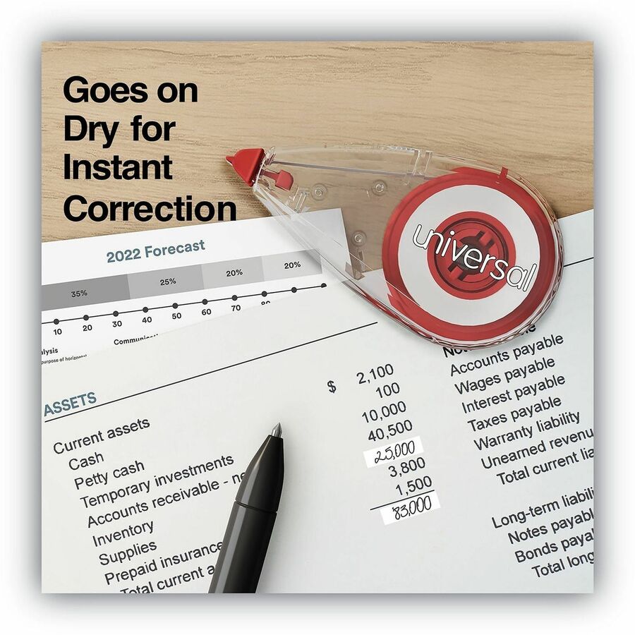 Universal Correction Tape, 0.25" x 22.92 ft, 1 Line, White Tape, Clear/Red Dispenser, Plastic/Film, 10 Pack