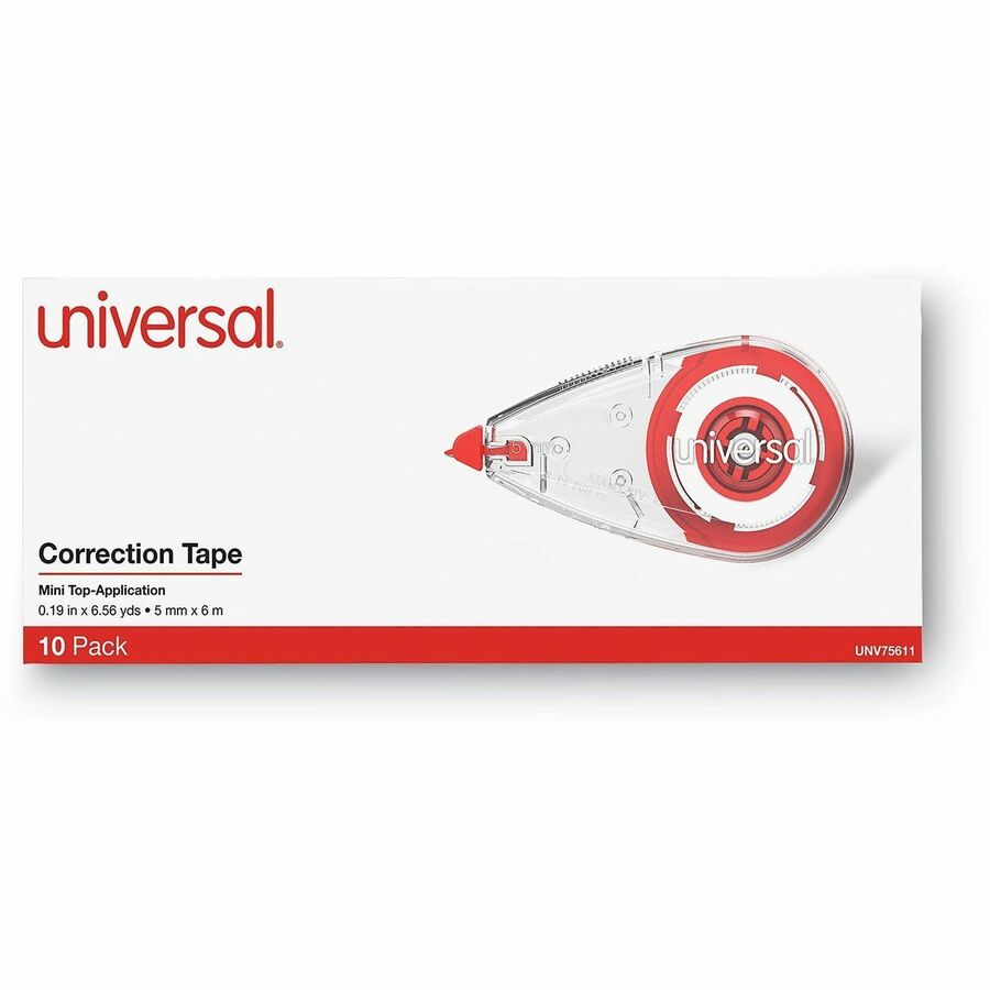 Universal Correction Tape, 0.25" x 22.92 ft, 1 Line, White Tape, Clear/Red Dispenser, Plastic/Film, 10 Pack