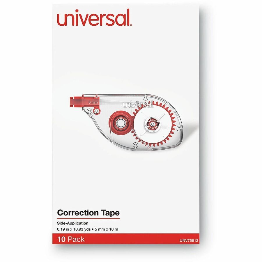 Universal Correction Tape, 0.20" x 32.83 ft, 1 Line, White Tape, Clear/Red Dispenser, Tear Resistant, Non-refillable, Film-based, Easy to Use, Ergonomic, 10/Pack