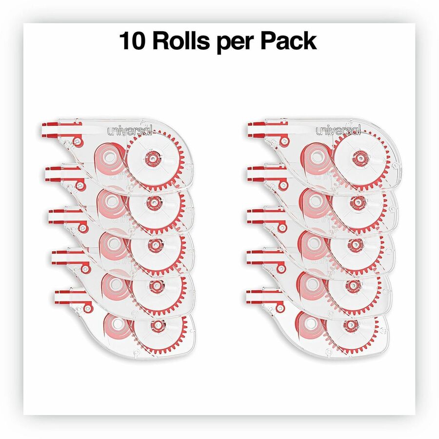 Universal Correction Tape, 0.20" x 32.83 ft, 1 Line, White Tape, Clear/Red Dispenser, Tear Resistant, Non-refillable, Film-based, Easy to Use, Ergonomic, 10/Pack
