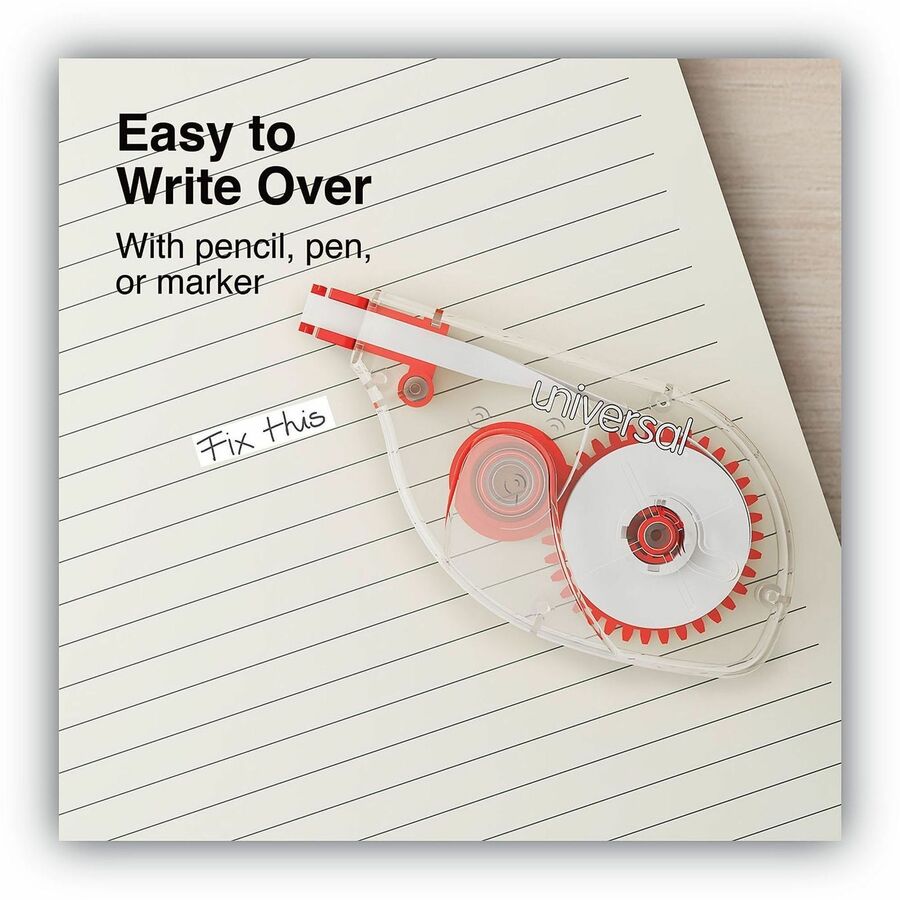 Universal Correction Tape, 0.20" x 32.83 ft, 1 Line, White Tape, Clear/Red Dispenser, Tear Resistant, Non-refillable, Film-based, Easy to Use, Ergonomic, 10/Pack