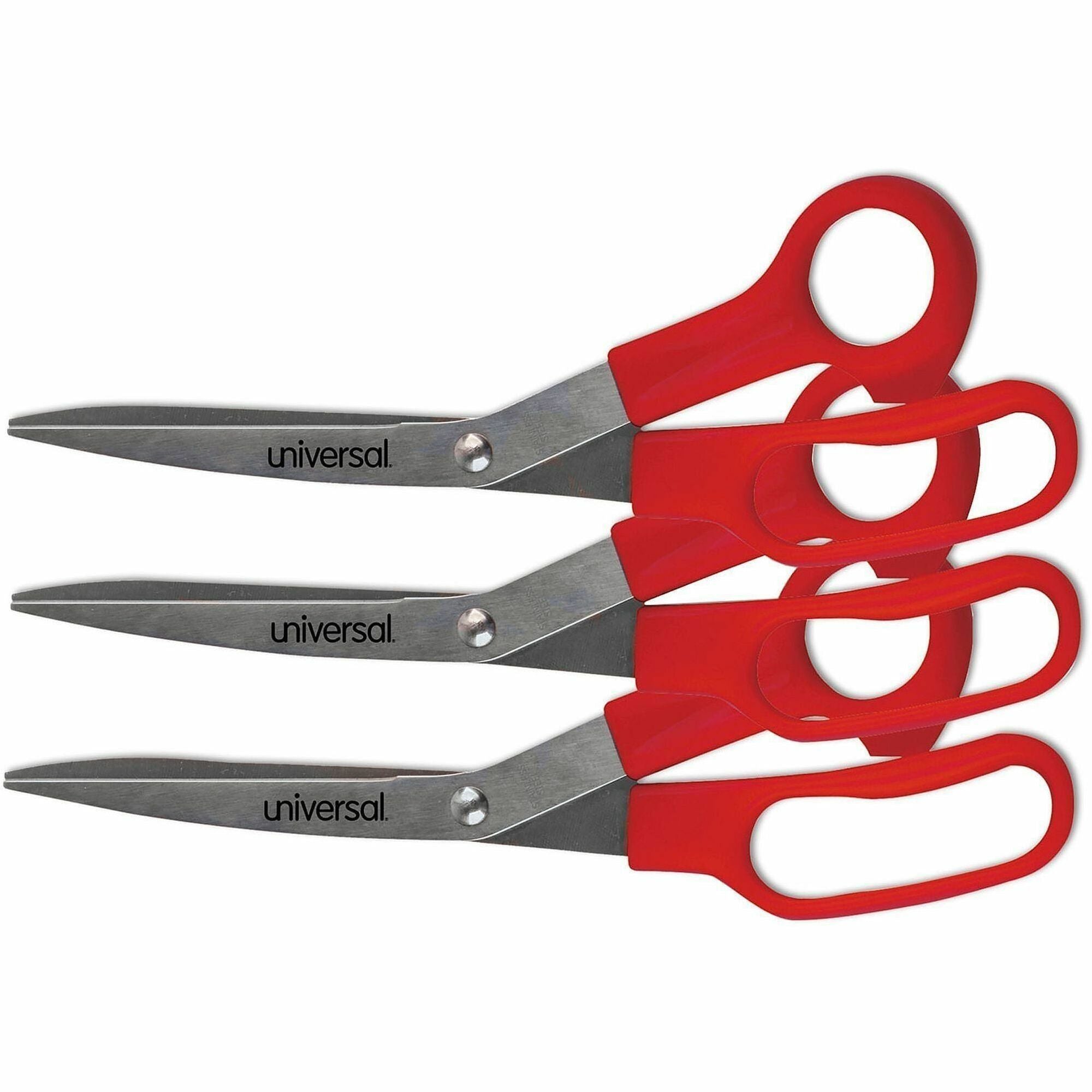 Universal Scissors, 3" Cutting Length, 7.8" Overall Length, Bent-Right, Stainless Steel, Pointed Tip, Red Plastic Handles, 3/Pack