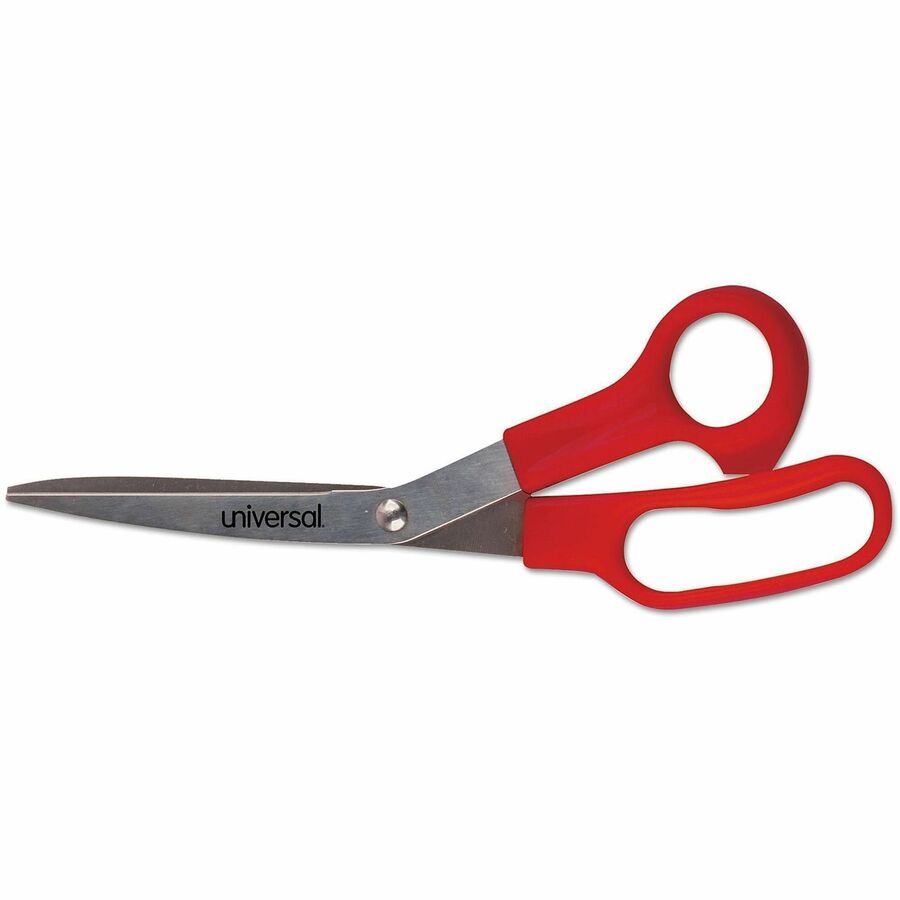 Universal Scissors, 3" Cutting Length, 7.8" Overall Length, Bent-Right, Stainless Steel, Pointed Tip, Red Plastic Handles, 3/Pack