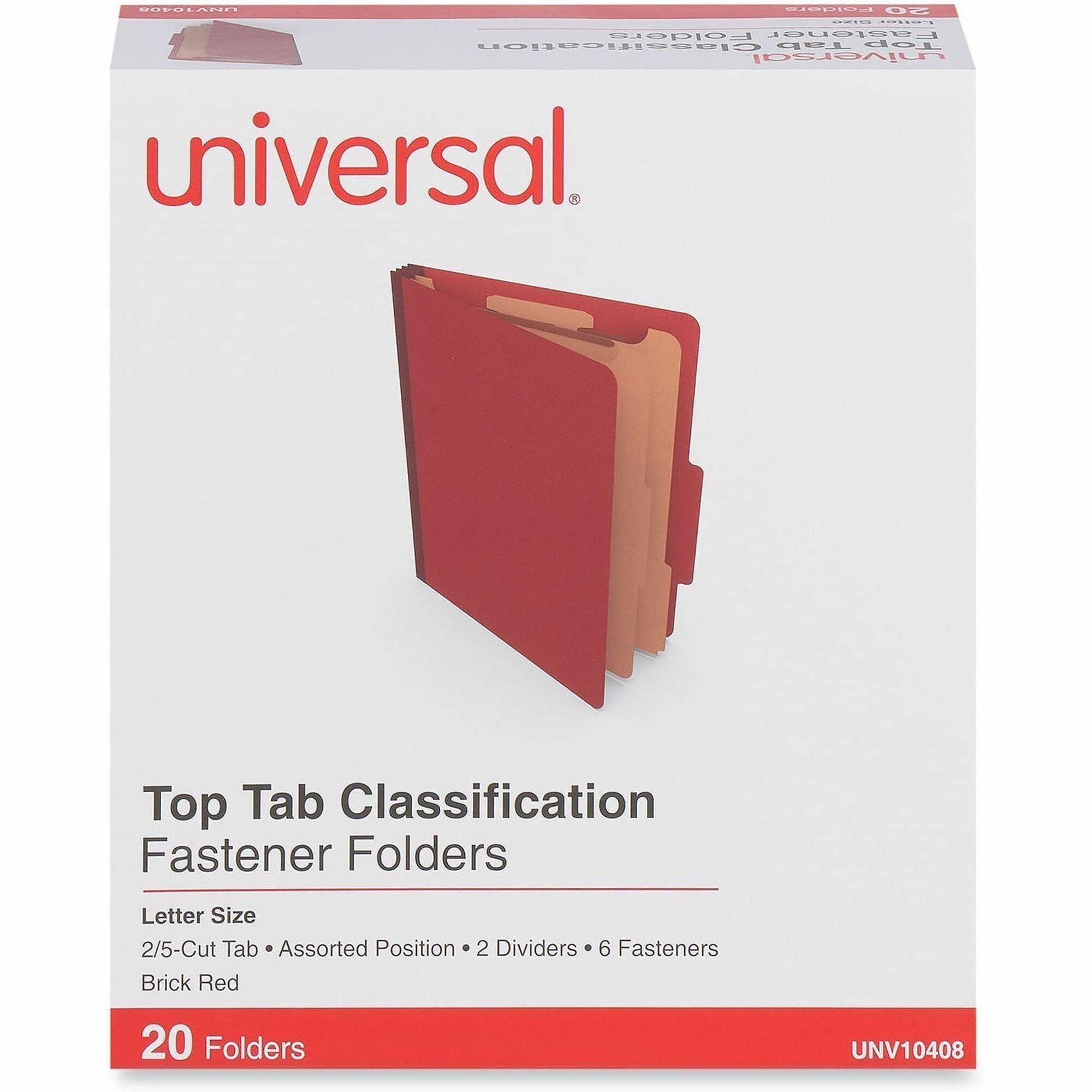 Universal 2/5 Tab Cut Letter Classification Folder, 8.5" x 11", 2.5" Expansion, 6 Fasteners, 2" Capacity, 2 Dividers, Brick Red, 20/Box