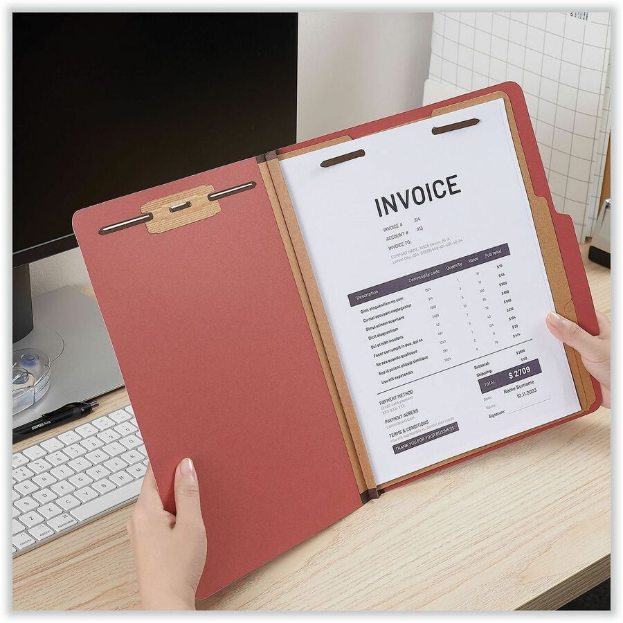Universal 2/5 Tab Cut Letter Classification Folder, 8.5" x 11", 2.5" Expansion, 6 Fasteners, 2" Capacity, 2 Dividers, Brick Red, 20/Box