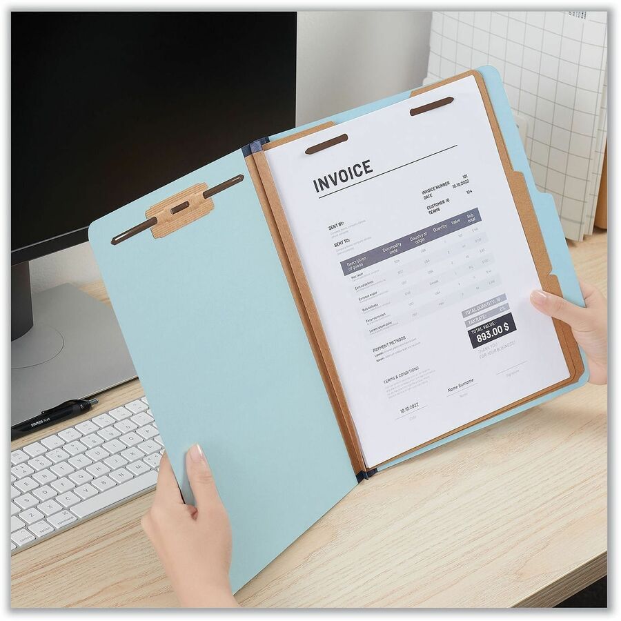 Universal 2/5 Tab Cut Letter Classification Folder, 8.5" x 11", 2.5" Expansion, 6 Fasteners, 2 Dividers, Light Blue, 20/Box
