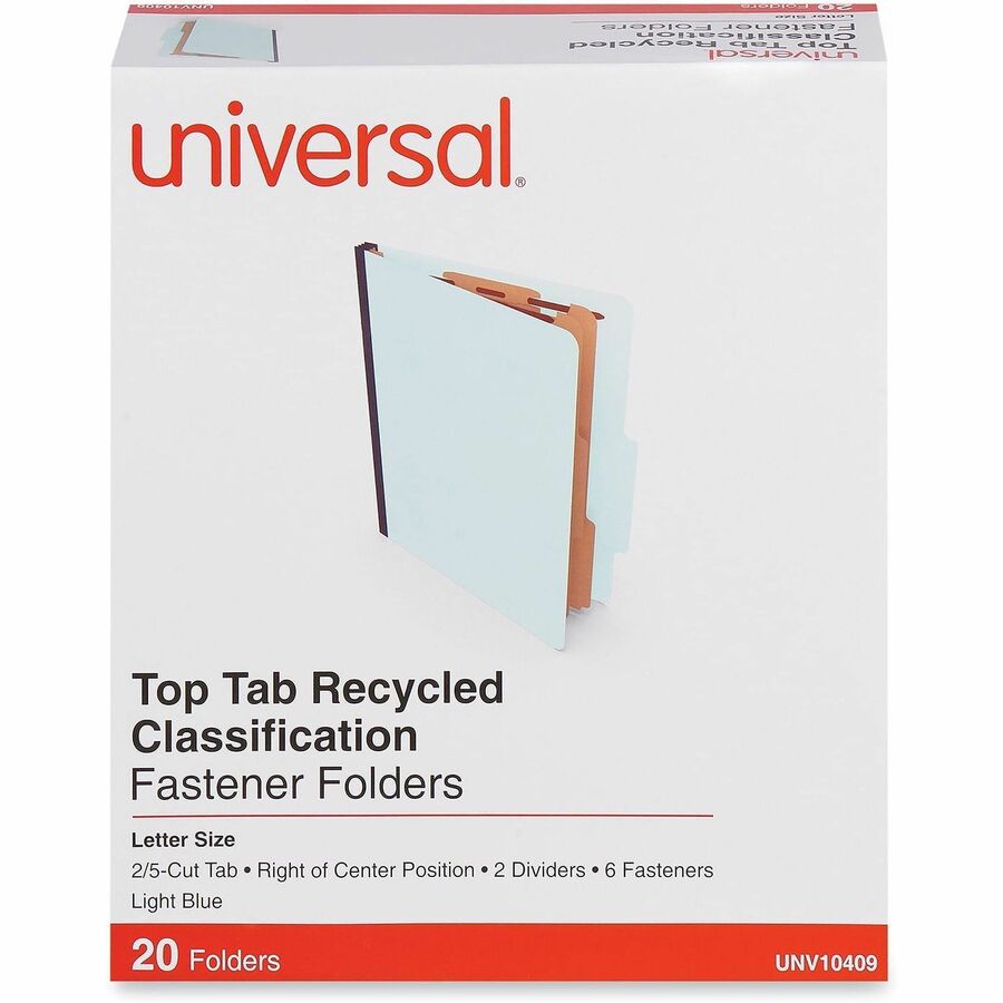 Universal 2/5 Tab Cut Letter Classification Folder, 8.5" x 11", 2.5" Expansion, 6 Fasteners, 2 Dividers, Light Blue, 20/Box