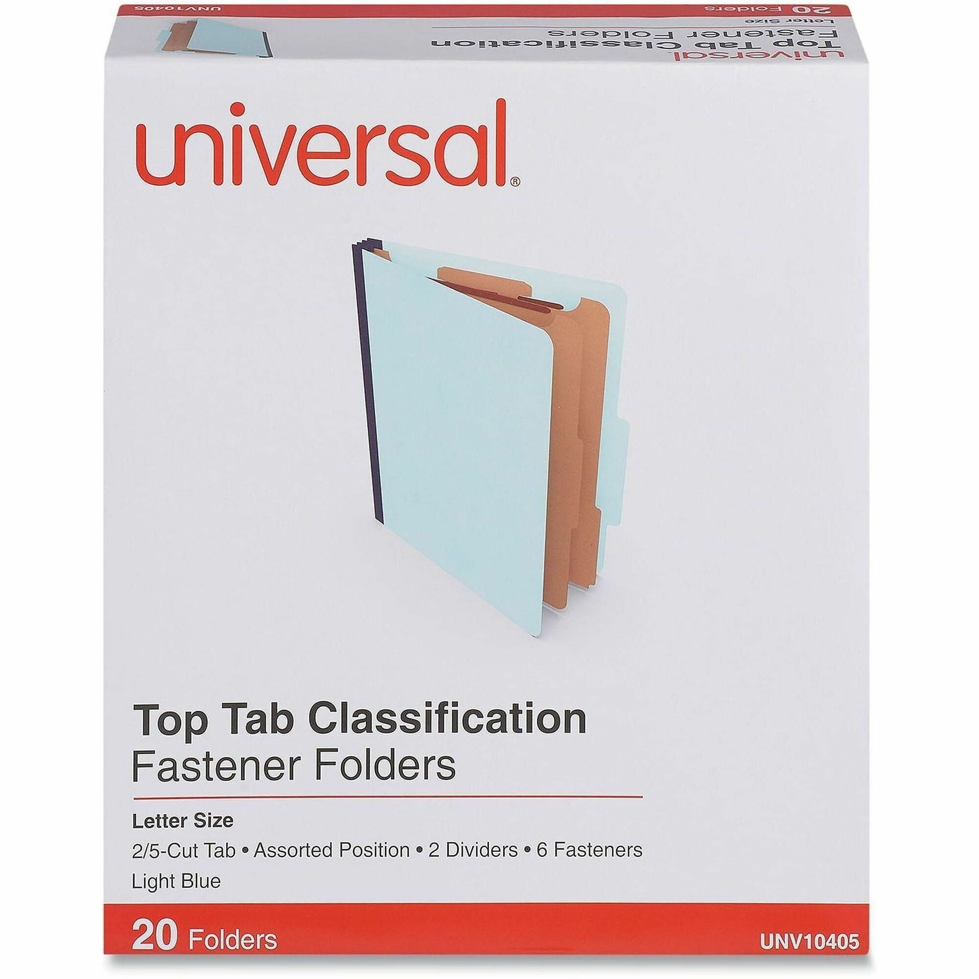 Universal 2/5 Tab Cut Letter Classification Folder, 8.5" x 11", 2.5" Expansion, 6 Fasteners, 2 Dividers, Light Blue, Box of 20