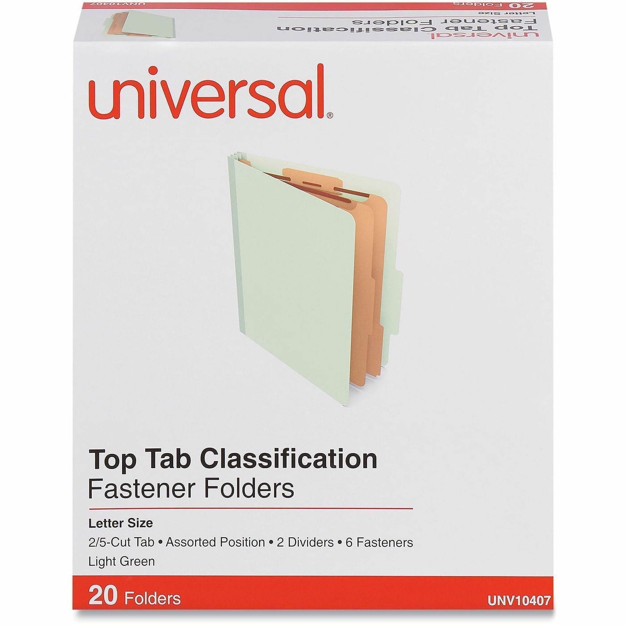 Universal 2/5 Tab Cut Letter Classification Folder, 8.5" x 11", 2.5" Expansion, 6 Fasteners, 2 Dividers, Light Green, 20/Box