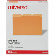 Universal 1/3 Tab Cut Letter Top Tab File Folders, 8.5" x 11", Assorted Tab Positions, 11 pt. Stock, Orange, Box of 100