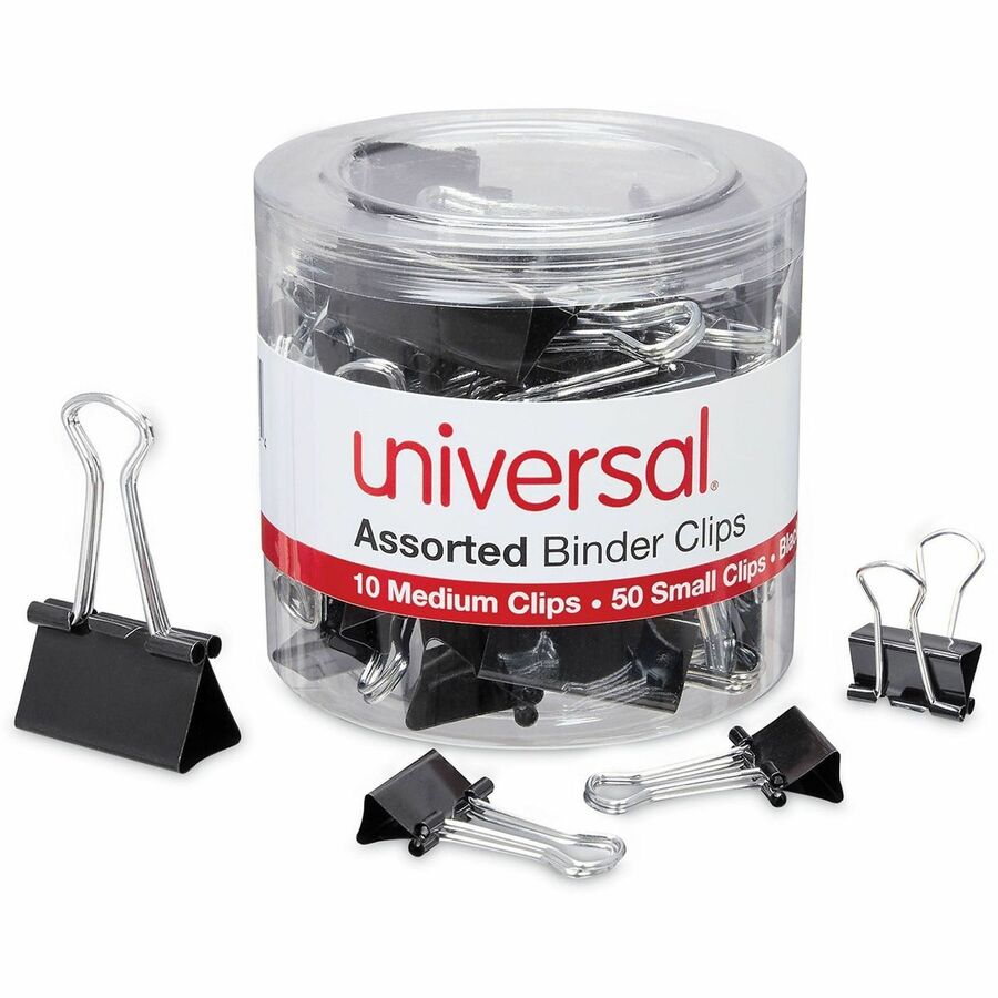 Universal Binder Clips, Assorted Sizes (0.38", 0.63"), Black/Silver, Metal/Steel Wire, 60 Pack