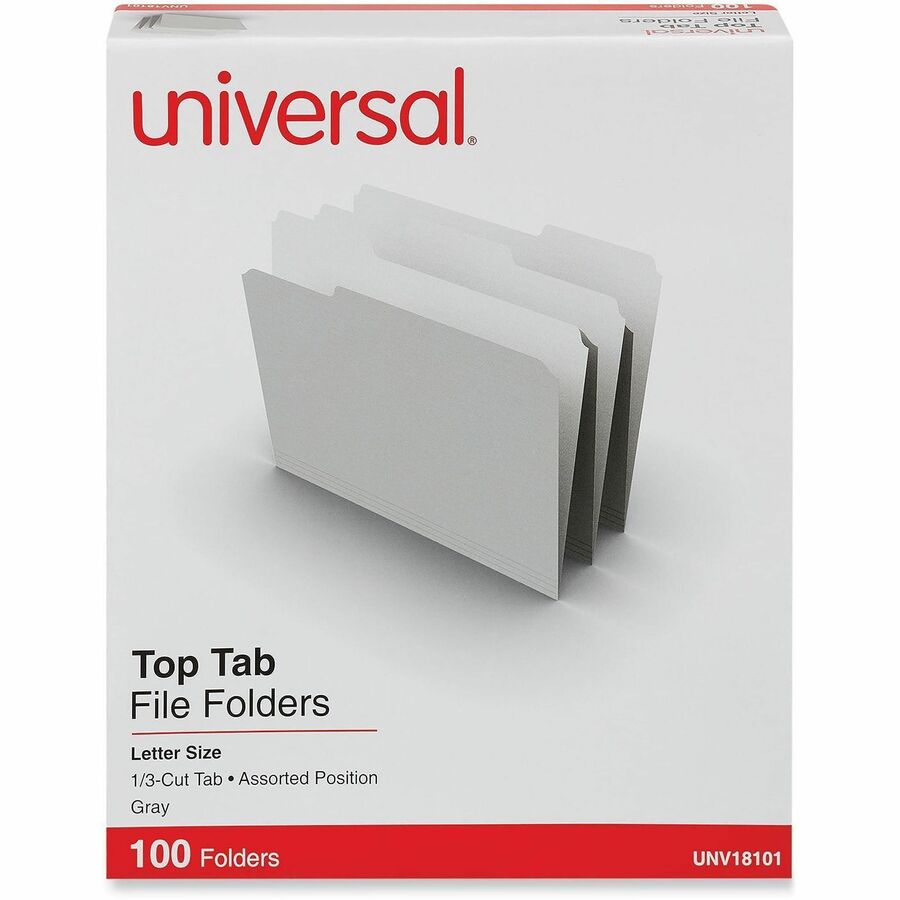Universal 1/3 Tab Cut Letter Top Tab File Folders, 8.5" x 11", 3/4" Expansion, Assorted Tab Positions, 11 pt. Paper Stock, Gray, 100/Box