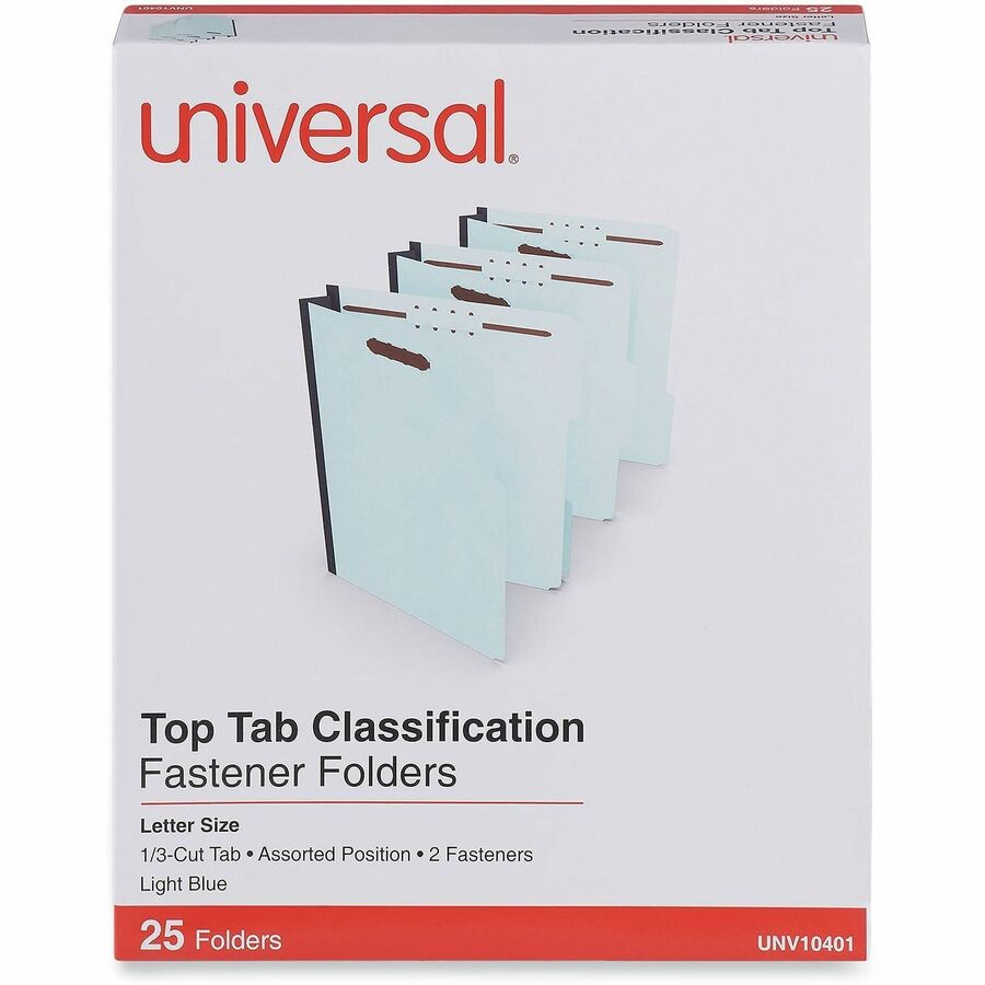 Universal 1/3 Tab Cut Letter Classification Folder, 8.5" x 11", 2" Expansion, 2 Fasteners, Top Tab, Assorted Positions, Light Blue, 25/Box