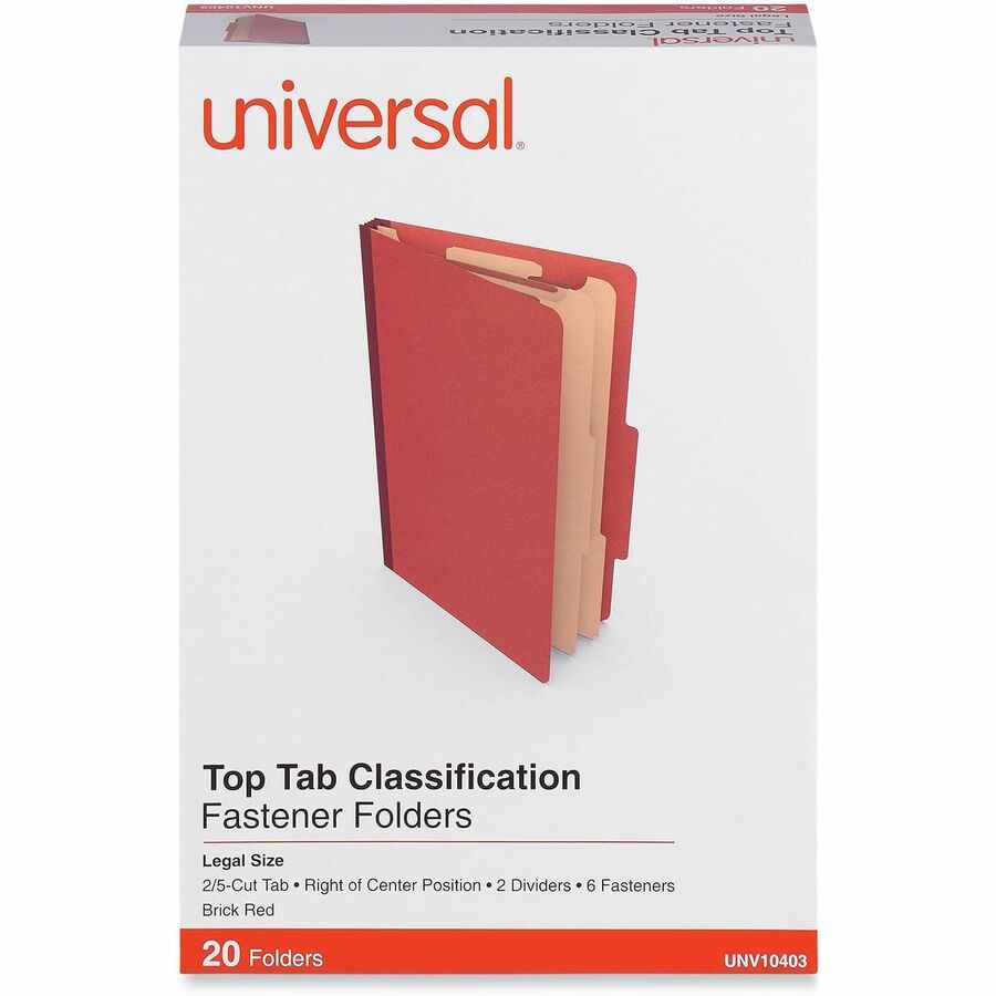 Universal 2/5 Tab Cut Legal Classification Folder, Legal Size, 2 1/2" Expansion, 6 Fasteners, 2 Dividers, Brick Red, 20/Box
