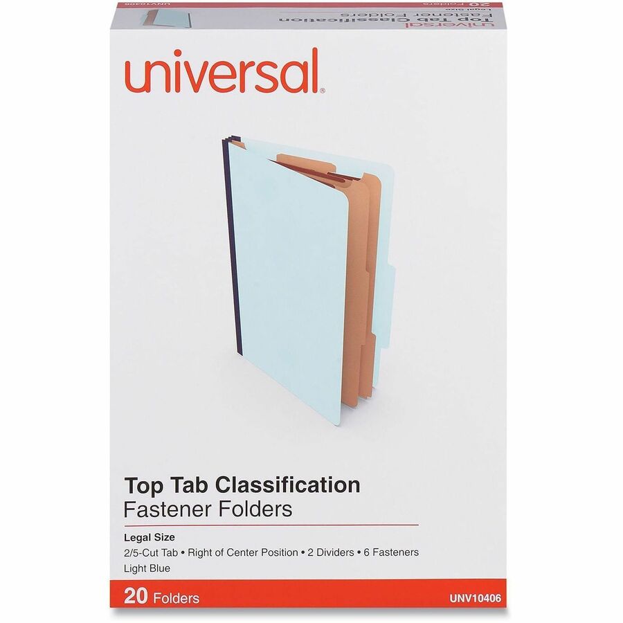 Universal Legal Classification Folder, 2/5 Tab Cut, 8 1/2" x 14", 2 1/2" Expansion, 6 Fasteners, 2" Capacity, 2 Dividers, Light Blue, 20/Box