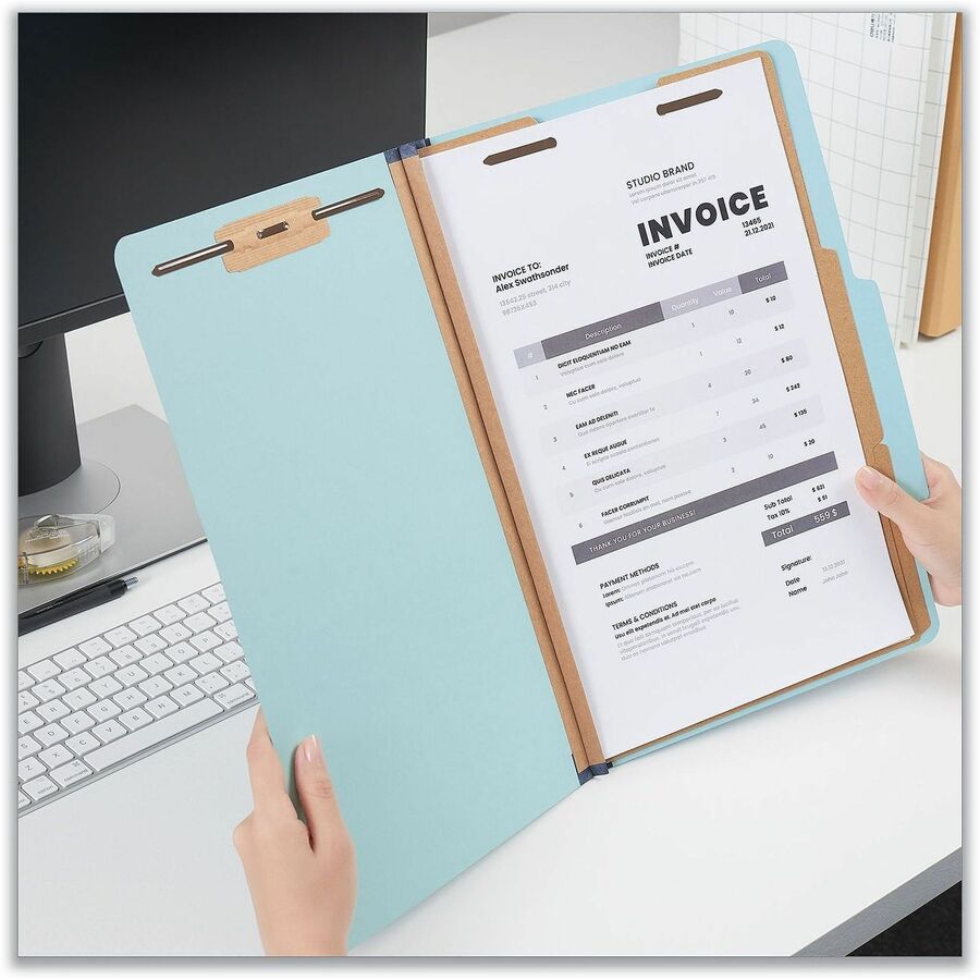 Universal Legal Classification Folder, 2/5 Tab Cut, 8 1/2" x 14", 2 1/2" Expansion, 6 Fasteners, 2" Capacity, 2 Dividers, Light Blue, 20/Box