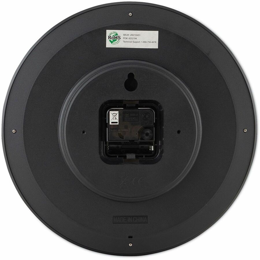 Universal Wall Clock, Analog, Quartz Movement, Black Case, Modern Style, 12" Round, 1 Clock
