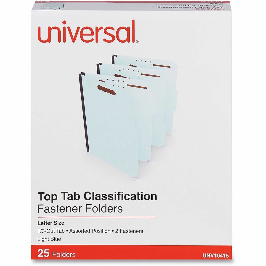 Universal 1/3 Tab Cut Letter Classification Folder, Light Blue, 8 1/2" x 11", 1" Expansion, 2 Fasteners, 2" Capacity, Top Tab, Assorted Positions, 25/Box