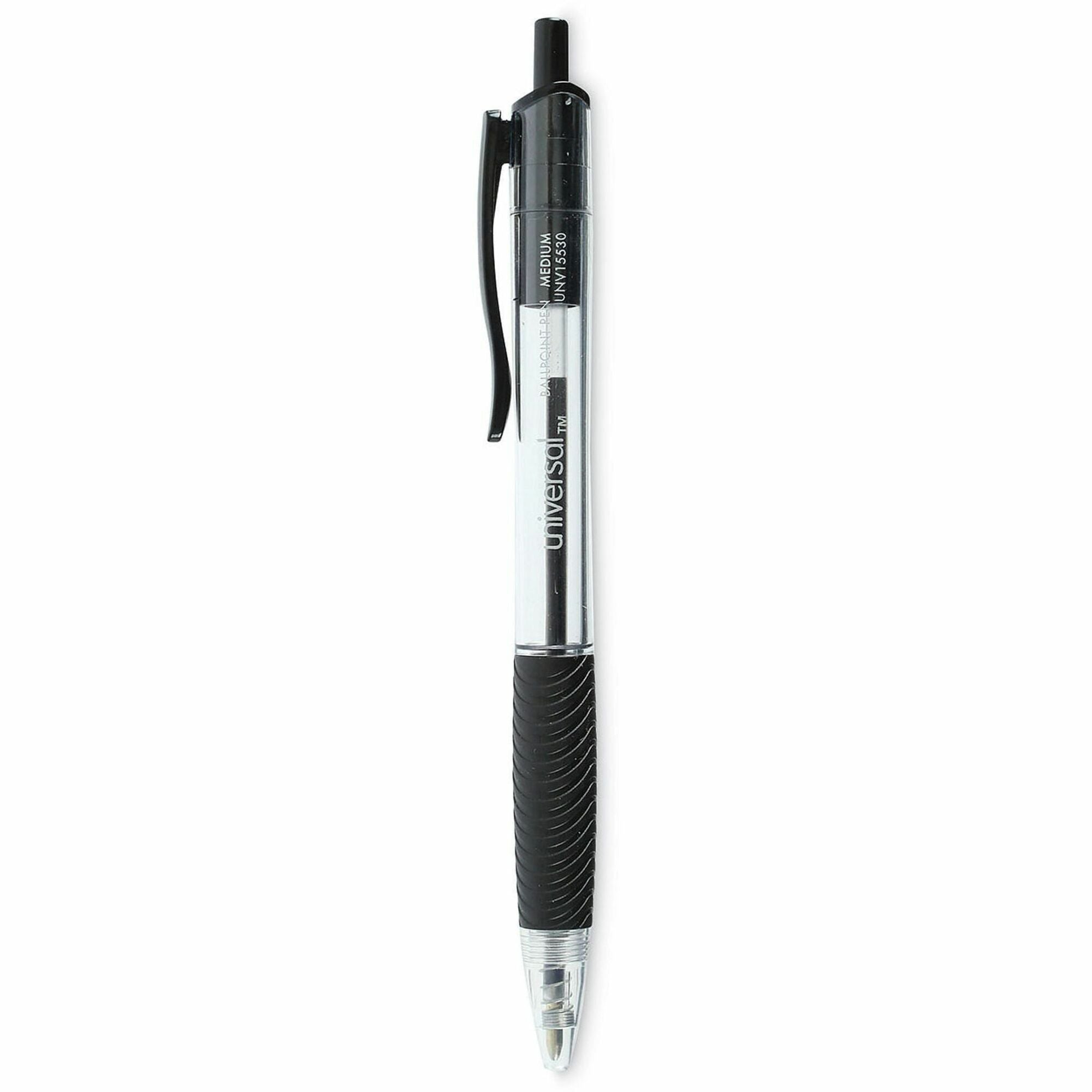Universal Comfort Grip Ballpoint Pen, 1 mm Medium Conical Point, Retractable, Black Ink, Clear/Black Barrel, 48 Pack