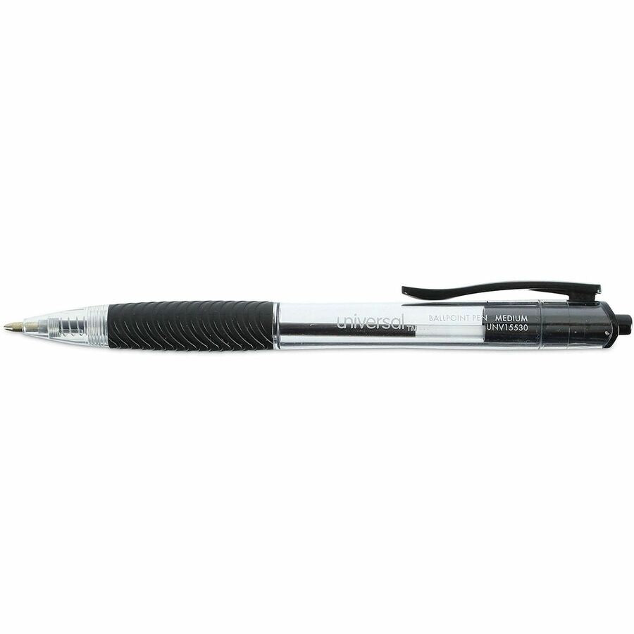 Universal Comfort Grip Ballpoint Pen, 1 mm Medium Conical Point, Retractable, Black Ink, Clear/Black Barrel, 48 Pack