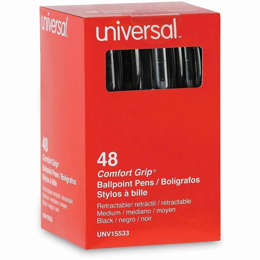 Universal Comfort Grip Ballpoint Pen, 1 mm Medium Conical Point, Retractable, Black Ink, Clear/Black Barrel, 48 Pack