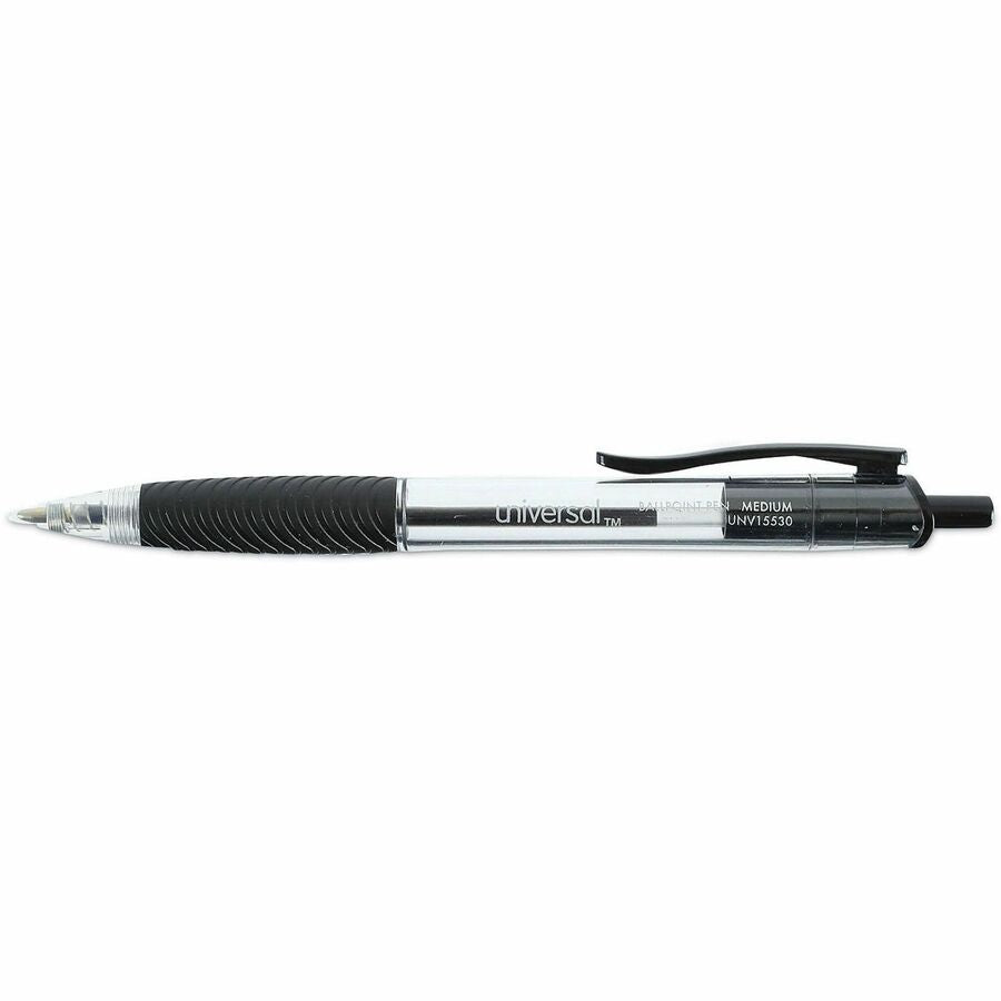 Universal Comfort Grip Ballpoint Pen, 1 mm Medium Conical Point, Retractable, Black Ink, Clear/Black Barrel, 48 Pack