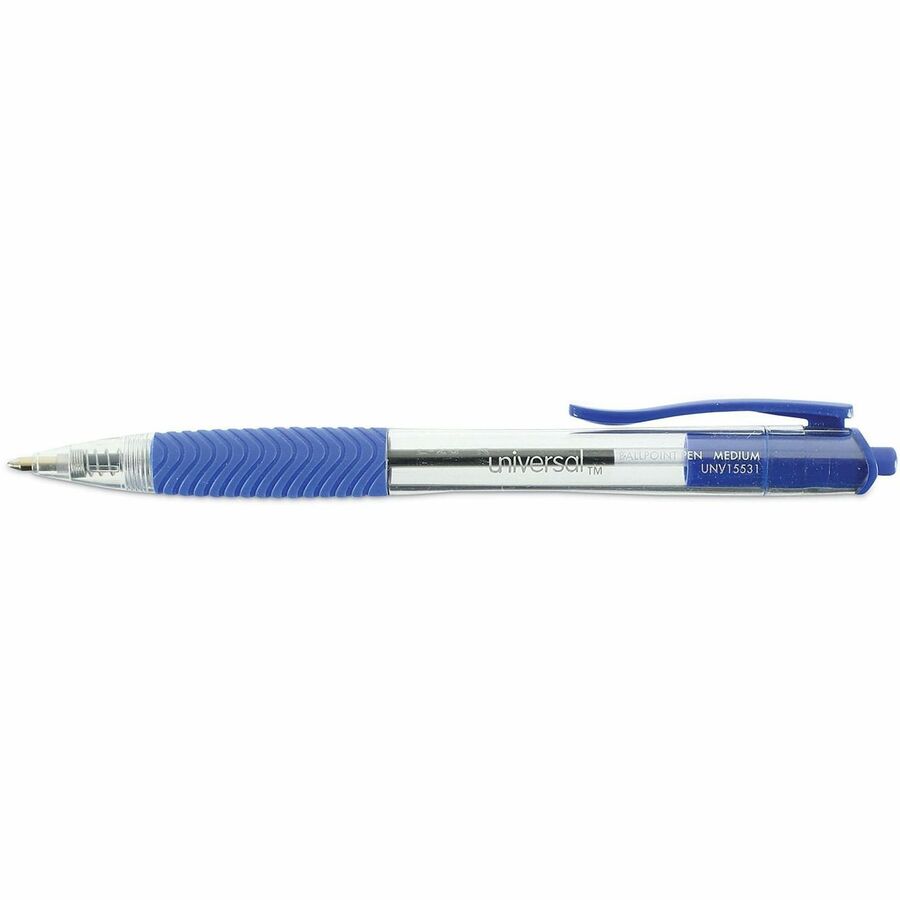 Universal Comfort Grip Ballpoint Pen, 1 mm Medium, Retractable, Blue Ink, Clear/Blue Barrel, 1 Dozen
