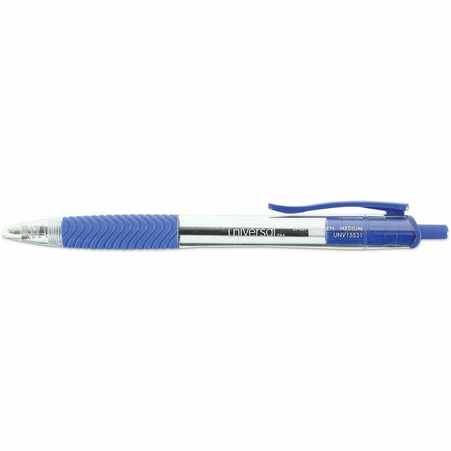 Universal Comfort Grip Ballpoint Pen, 1 mm Medium, Retractable, Blue Ink, Clear/Blue Barrel, 1 Dozen