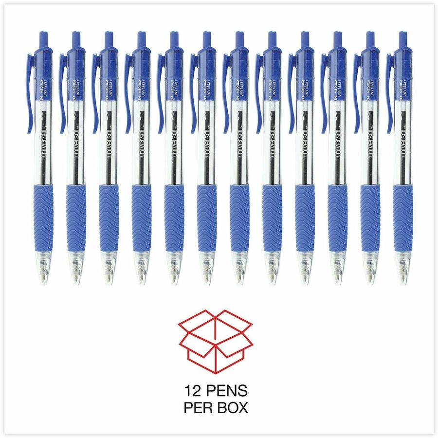 Universal Comfort Grip Ballpoint Pen, 1 mm Medium, Retractable, Blue Ink, Clear/Blue Barrel, 1 Dozen