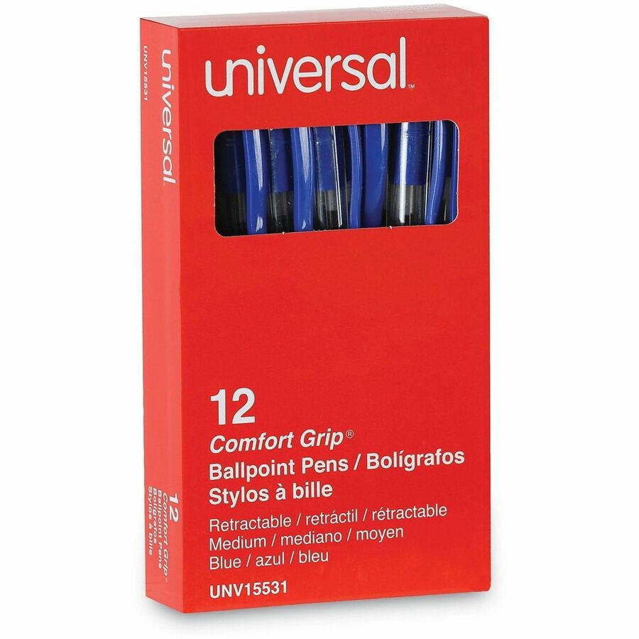 Universal Comfort Grip Ballpoint Pen, 1 mm Medium, Retractable, Blue Ink, Clear/Blue Barrel, 1 Dozen