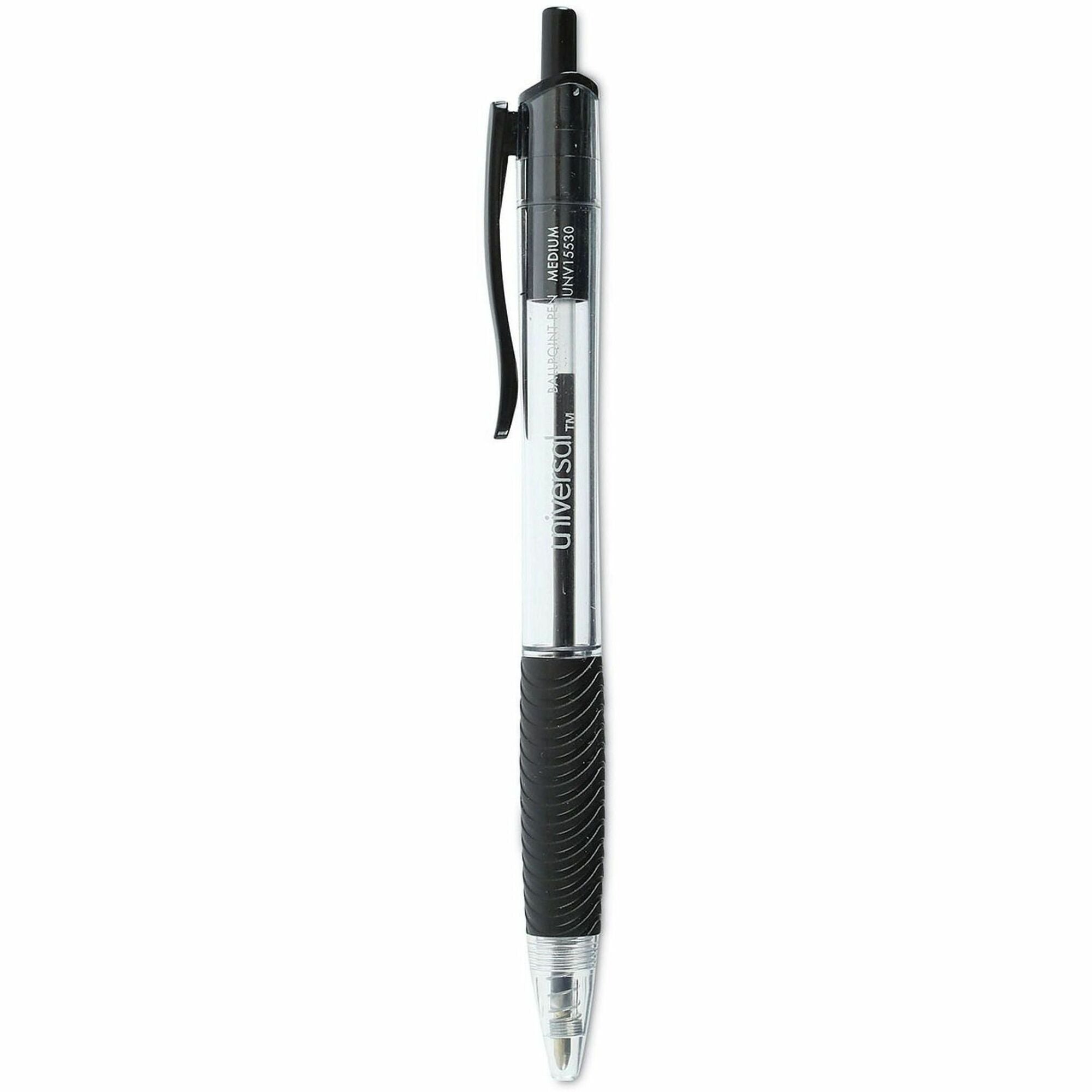 Universal Comfort Grip Ballpoint Pen, 1 mm Medium Conical, Retractable, Black Ink, Clear/Black Barrel, 1 Dozen