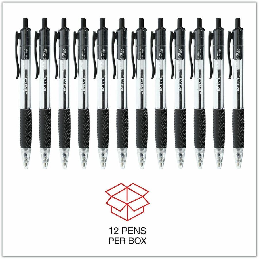 Universal Comfort Grip Ballpoint Pen, 1 mm Medium Conical, Retractable, Black Ink, Clear/Black Barrel, 1 Dozen