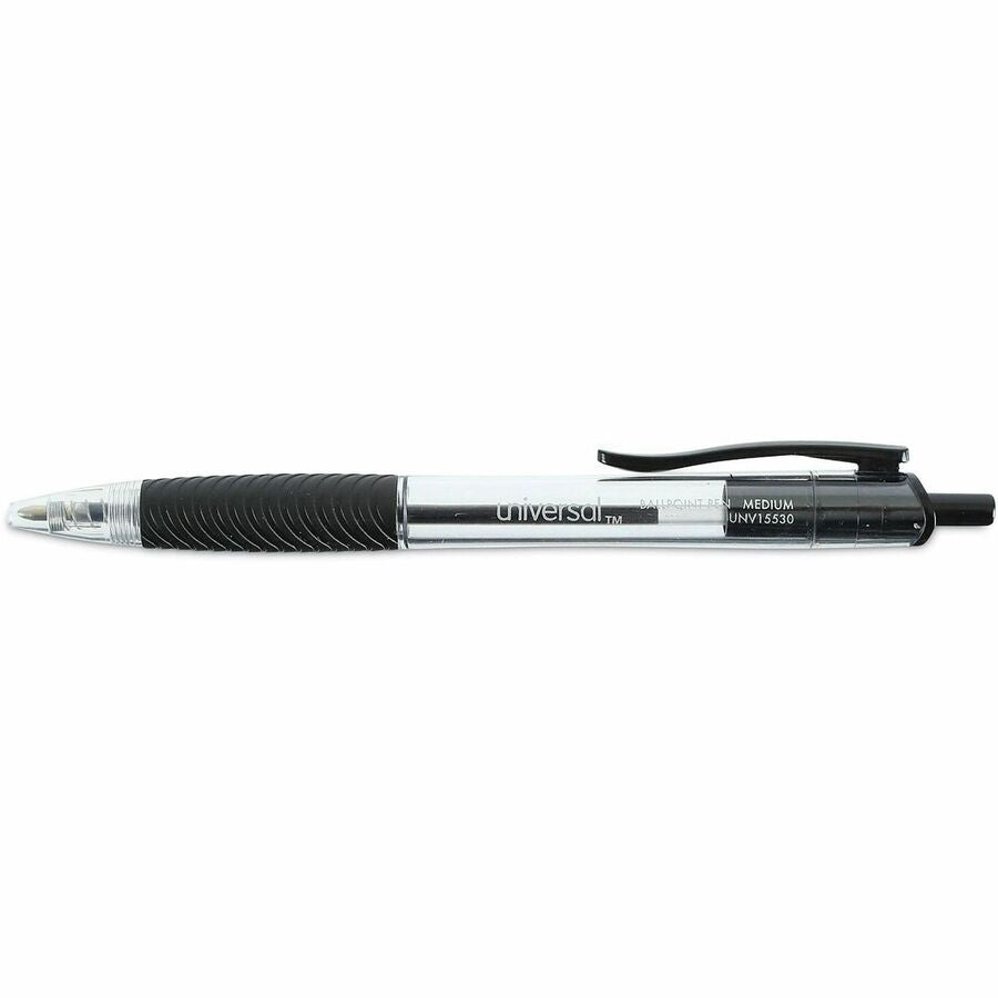 Universal Comfort Grip Ballpoint Pen, 1 mm Medium Conical, Retractable, Black Ink, Clear/Black Barrel, 1 Dozen