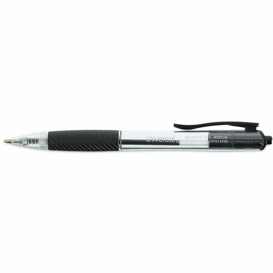 Universal Comfort Grip Ballpoint Pen, 1 mm Medium Conical, Retractable, Black Ink, Clear/Black Barrel, 1 Dozen