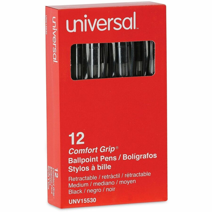 Universal Comfort Grip Ballpoint Pen, 1 mm Medium Conical, Retractable, Black Ink, Clear/Black Barrel, 1 Dozen