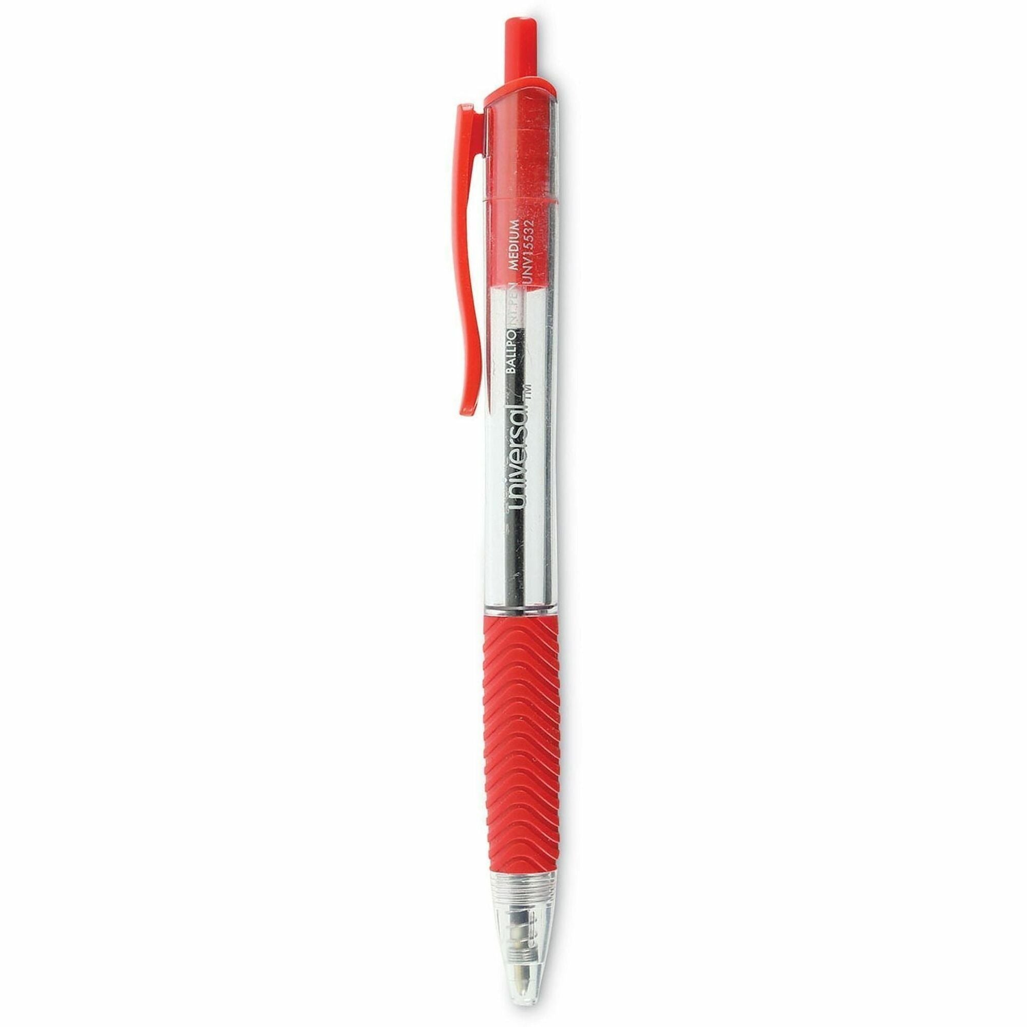 Universal Comfort Grip Ballpoint Pen, 1 mm Medium Conical, Retractable, Red Ink, Clear/Red Barrel, 1 Dozen