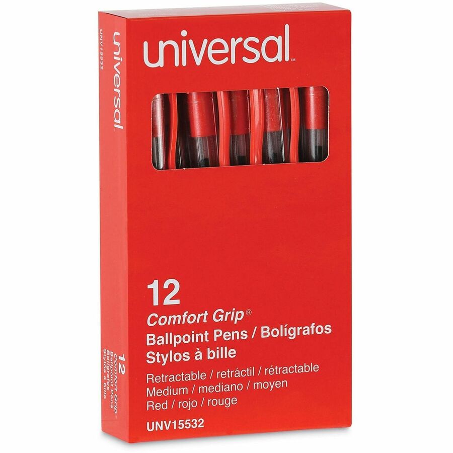 Universal Comfort Grip Ballpoint Pen, 1 mm Medium Conical, Retractable, Red Ink, Clear/Red Barrel, 1 Dozen