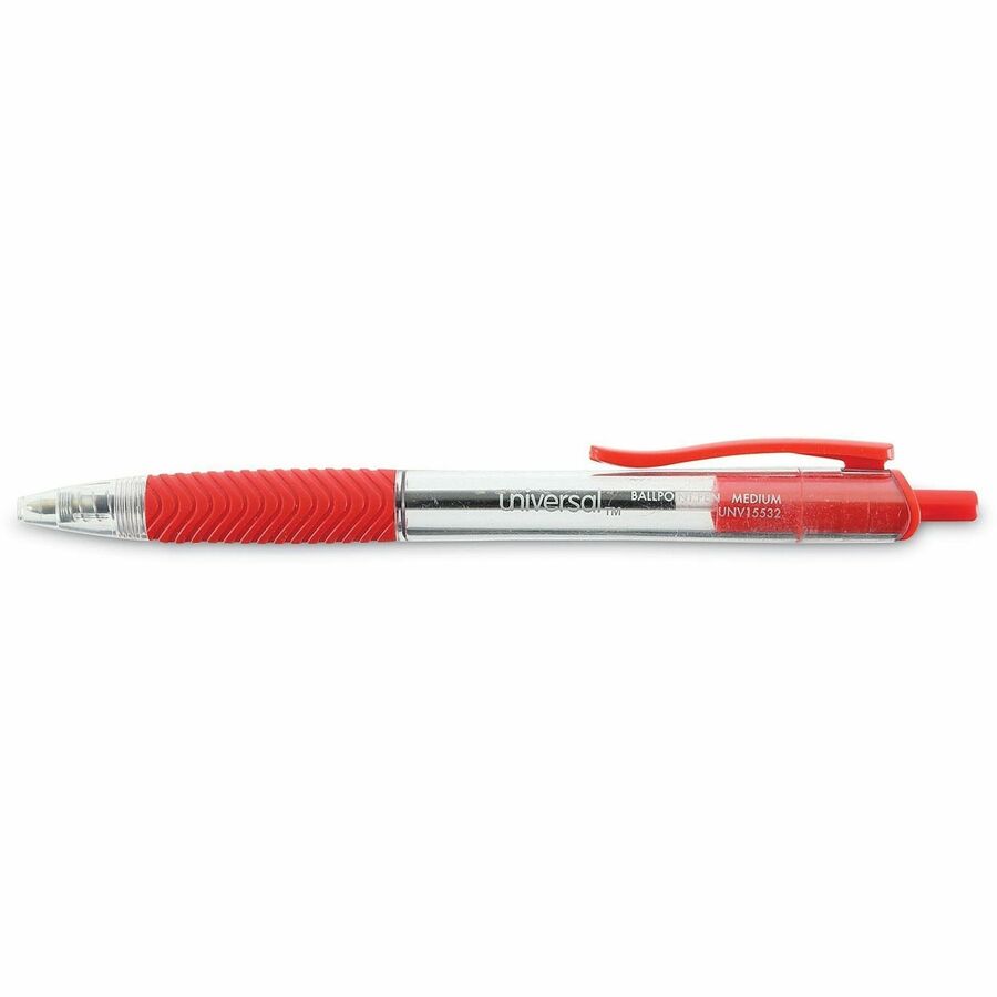 Universal Comfort Grip Ballpoint Pen, 1 mm Medium Conical, Retractable, Red Ink, Clear/Red Barrel, 1 Dozen
