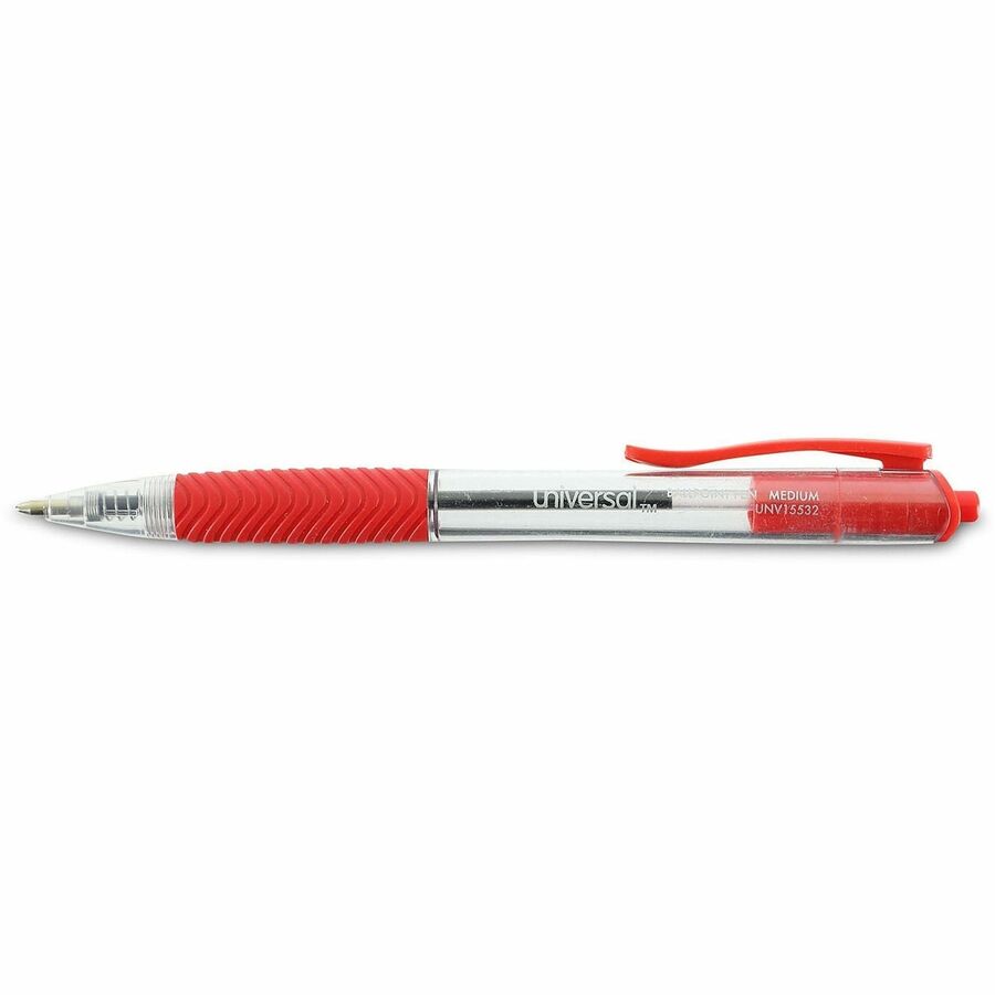 Universal Comfort Grip Ballpoint Pen, 1 mm Medium Conical, Retractable, Red Ink, Clear/Red Barrel, 1 Dozen
