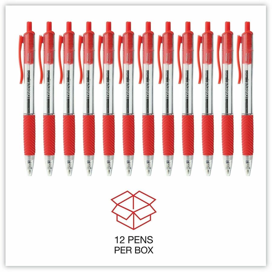 Universal Comfort Grip Ballpoint Pen, 1 mm Medium Conical, Retractable, Red Ink, Clear/Red Barrel, 1 Dozen